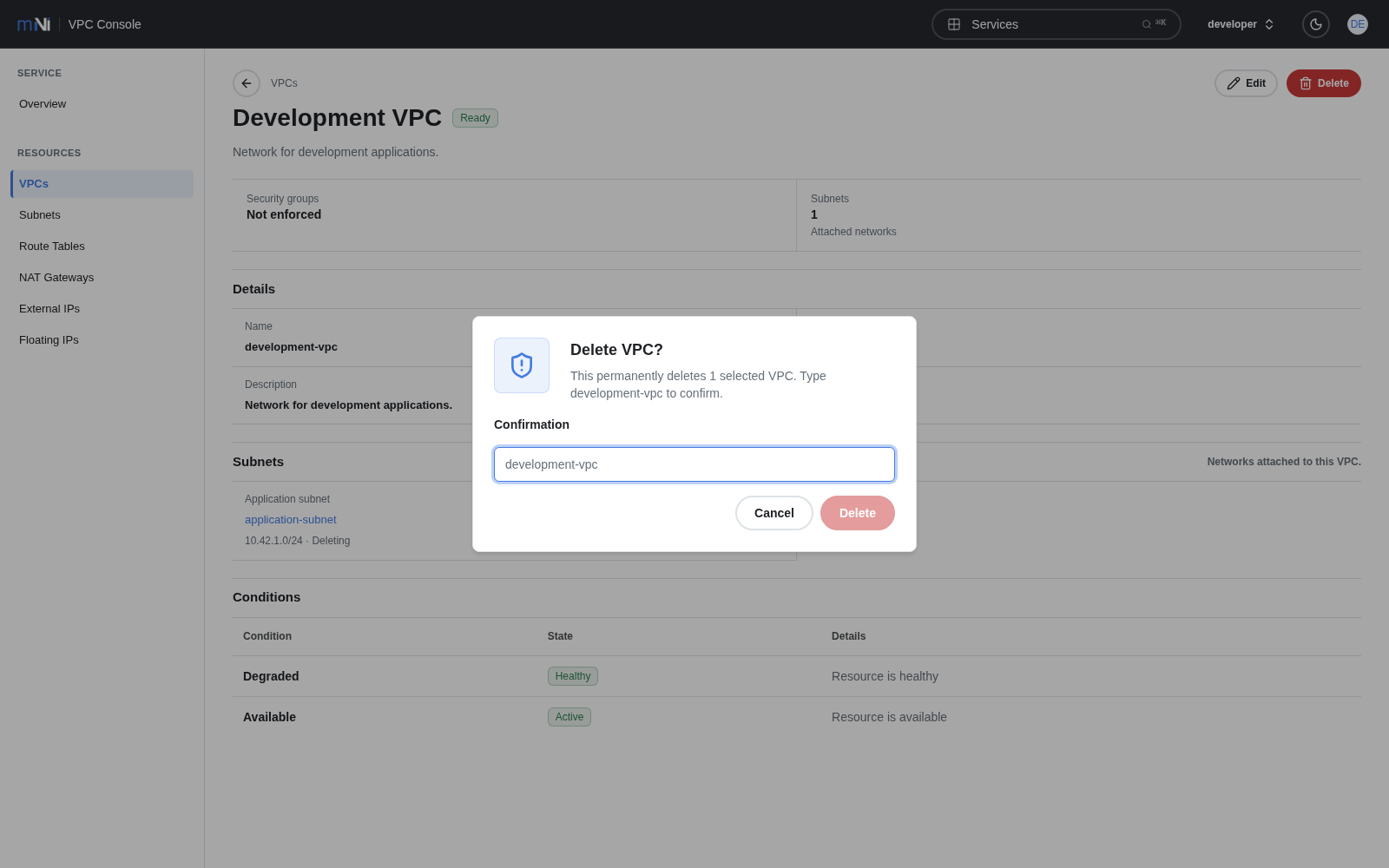 VPC の削除確認画面。Confirmation に削除する VPC の Name を入力します